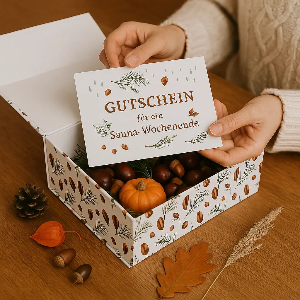 Offene Magnetbox gefüllt mit Kastanien und Kürbis Hände halten einen Gutschein