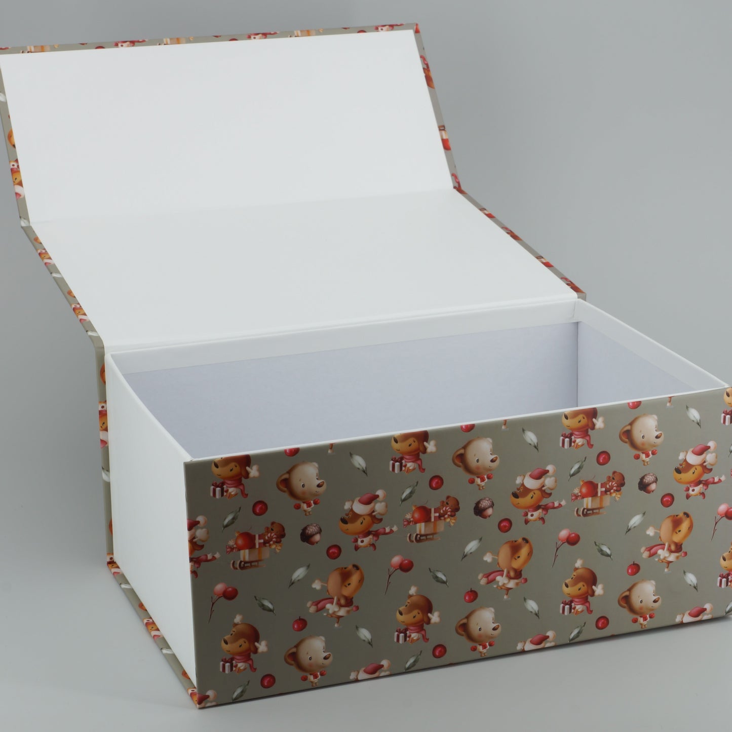 Magnetbox mit Kindermotiv in khaki geöffnet