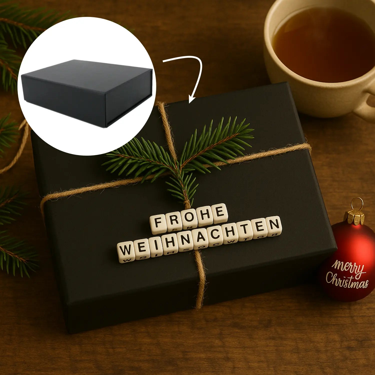 Schwarze Geschenkbox als Weihnachtsgeschenk, dekoriert mit Tannenzweig und Schnur, Buchstabenwürfeln „Frohe Weihnachten“ sowie Weihnachtskugel; oben links eine Abbildung der ungefüllten schwarzen Box