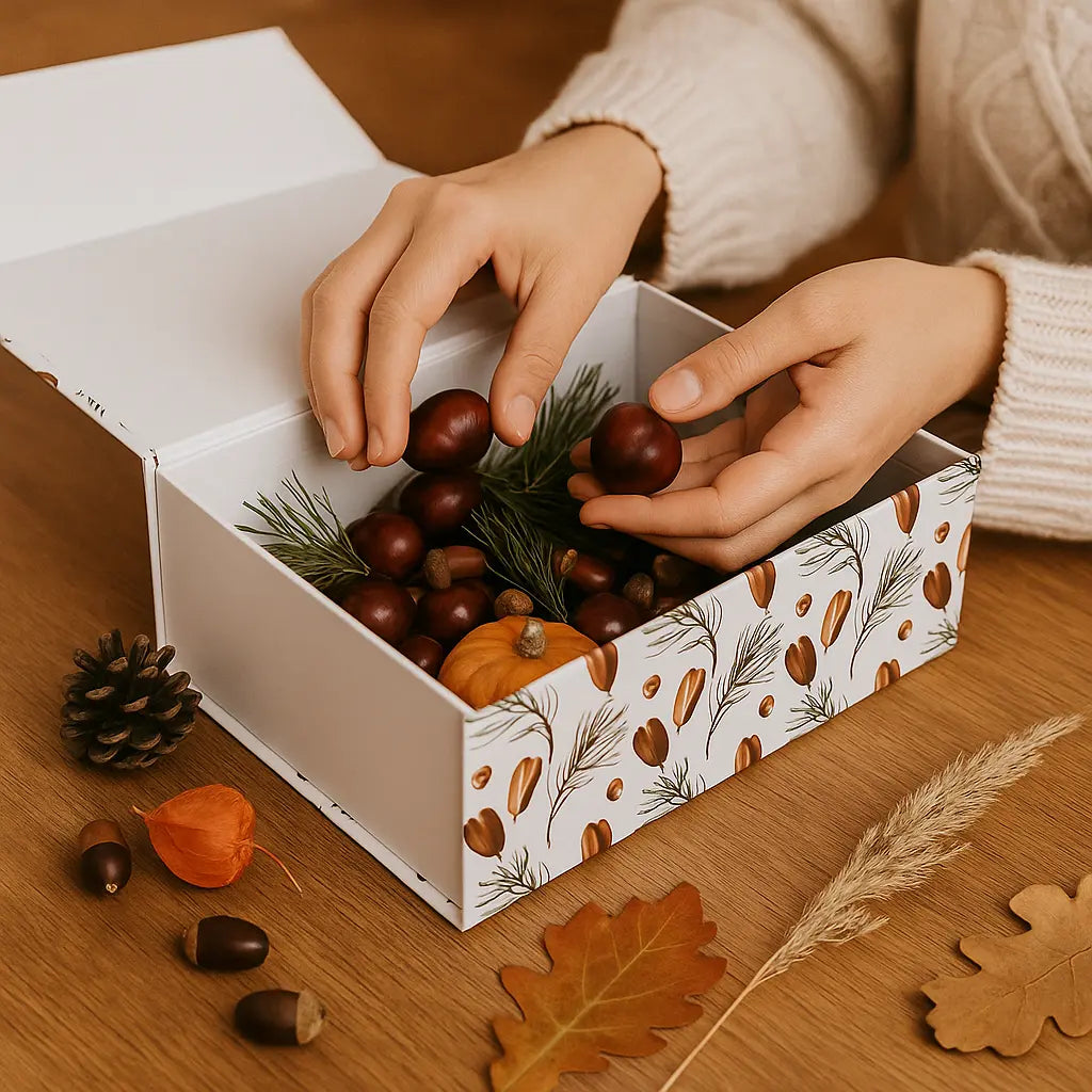 Offene Magnetbox gefüllt mit Kastanien und Kürbis, Hände halten Kastanien